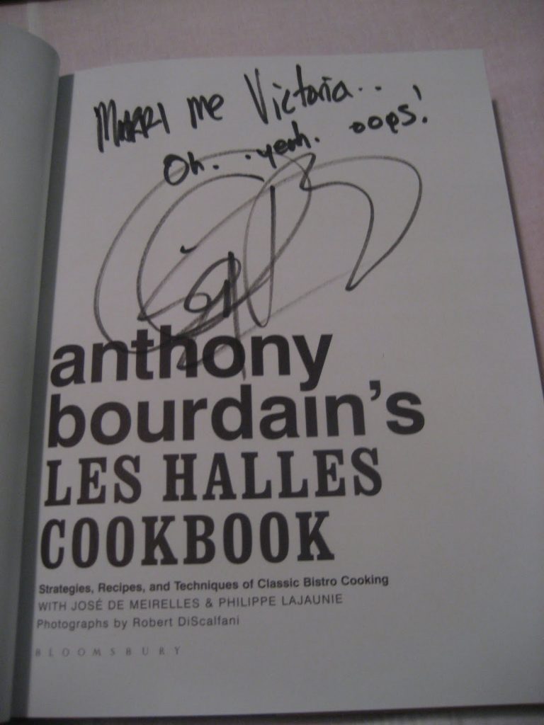 Anthony Bourdain\'s autograph inside a copy of Anthony Bourdain\'s Les Halles Cookbook