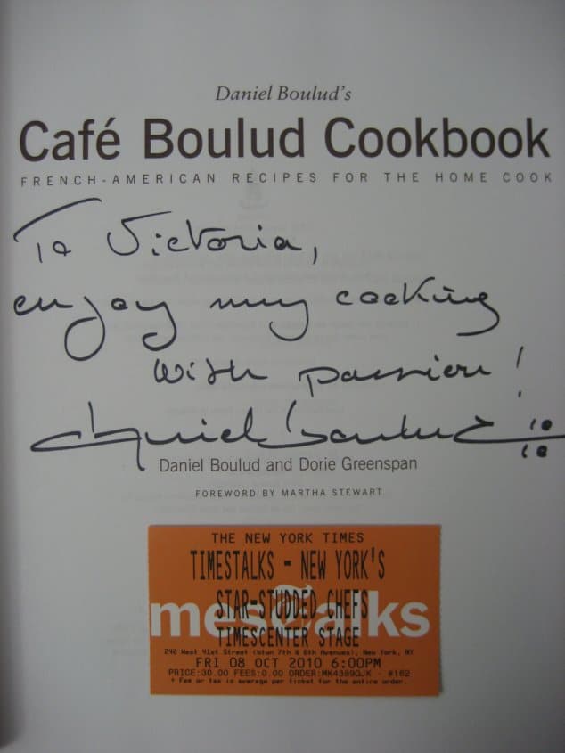 the inside of a cookbook signed by Daniel Boulud