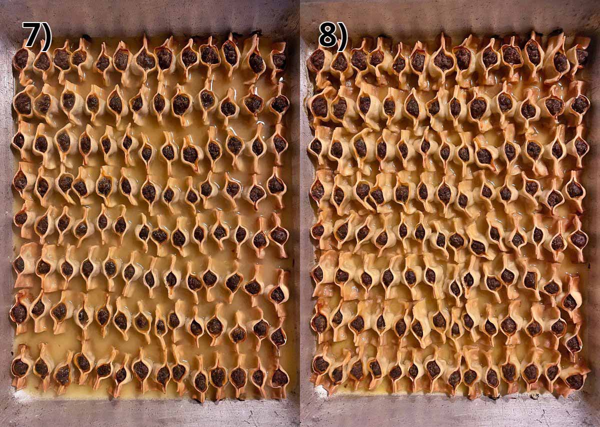 A pan of Armenian manti after adding chicken broth and then baking again.