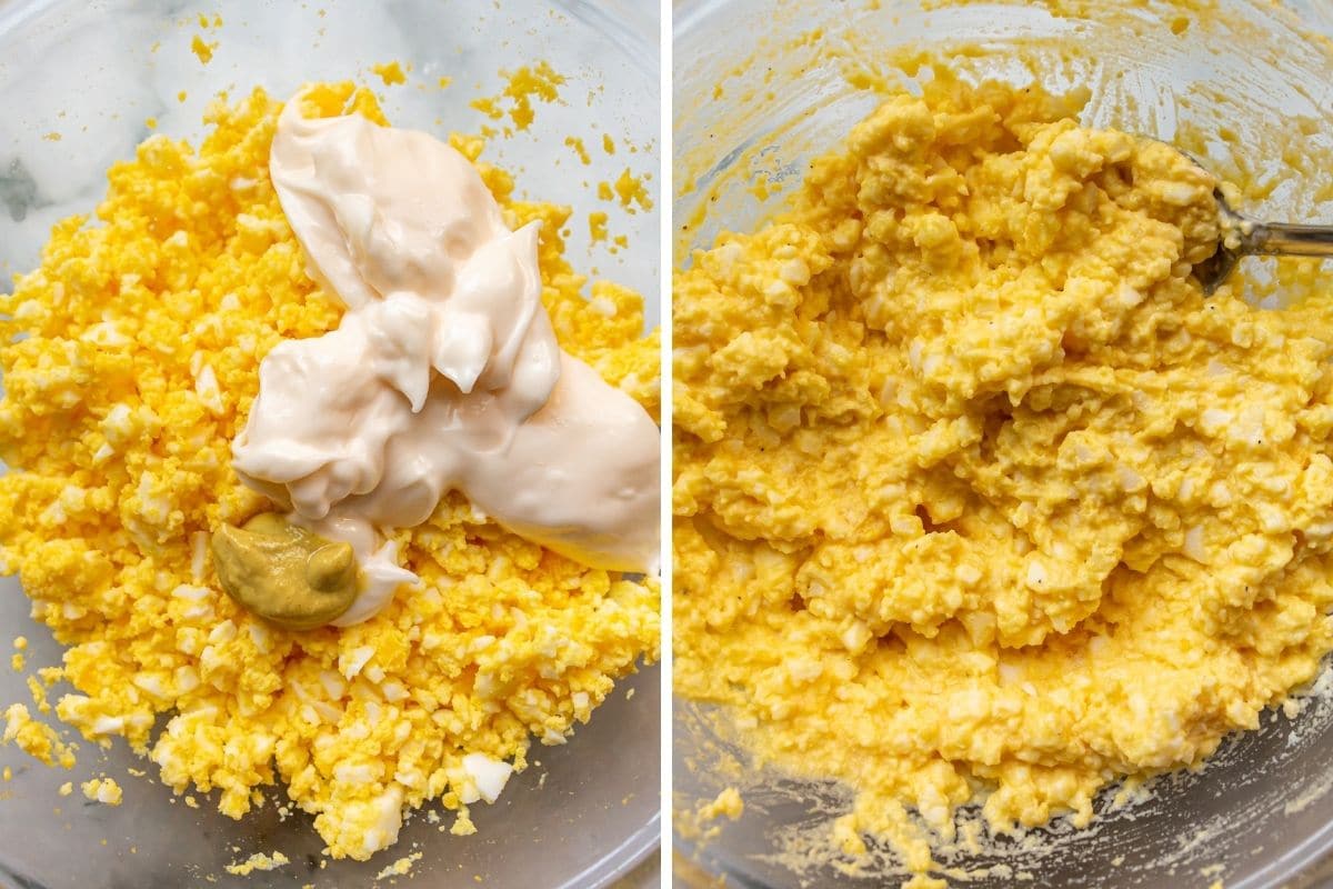 Before and after mixing together egg salad in a glass bowl.
