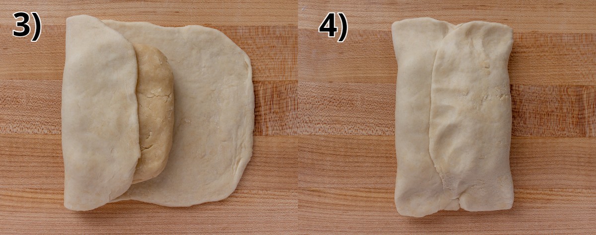 Step by step photos of encasing short dough inside a rectangle of water dough.