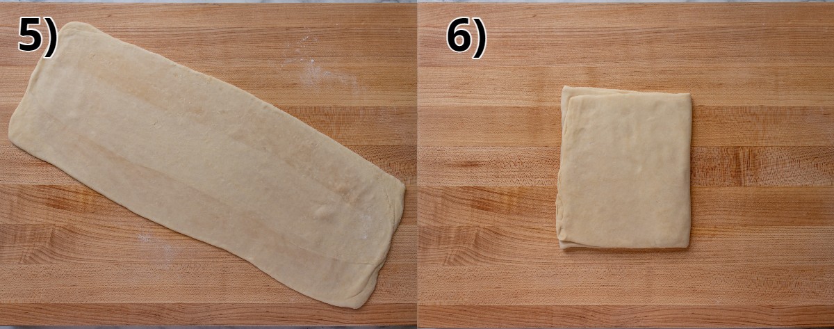 Step by step photos of how to laminate Chinese pastry dough on a wooden board.