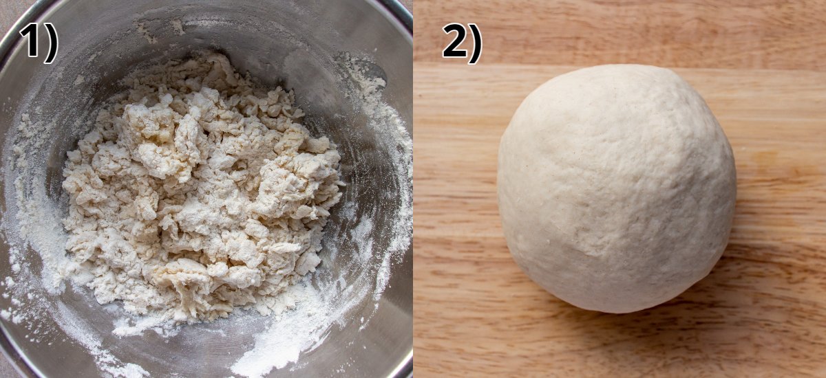 Step-by-step photos of making a ball of dough.