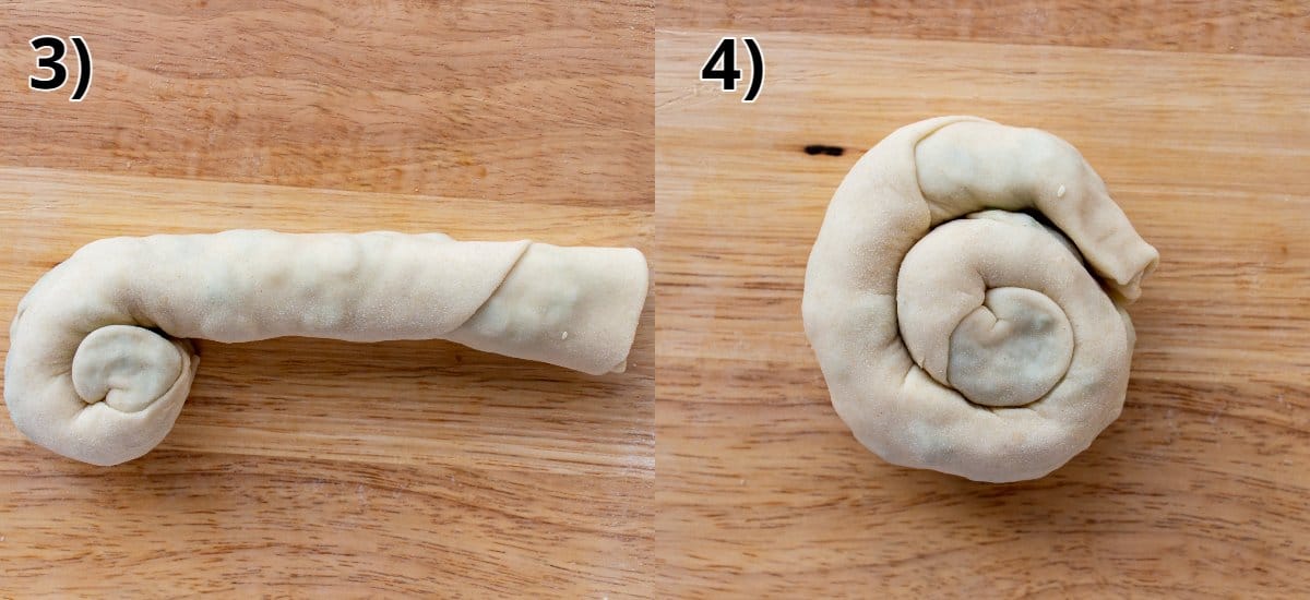 Process of rolling a rope of dough into a spiral shape on a wooden board.