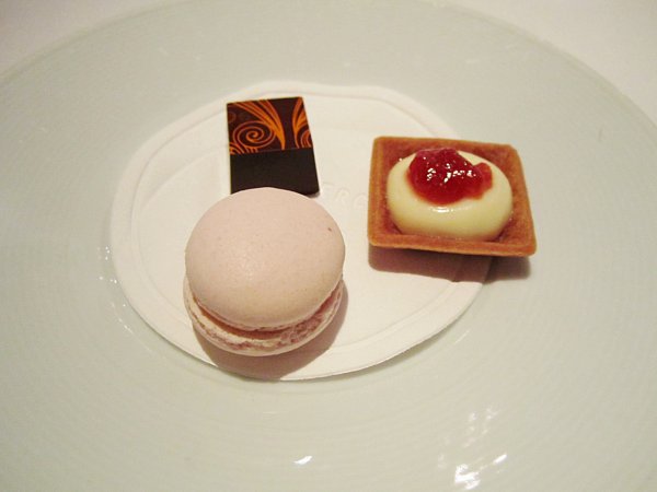 a macaron cookie, square chocolate, and small square tart on a white plate