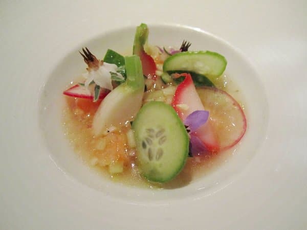 sliced cucumbers and radishes in a small white dish with clear sauce