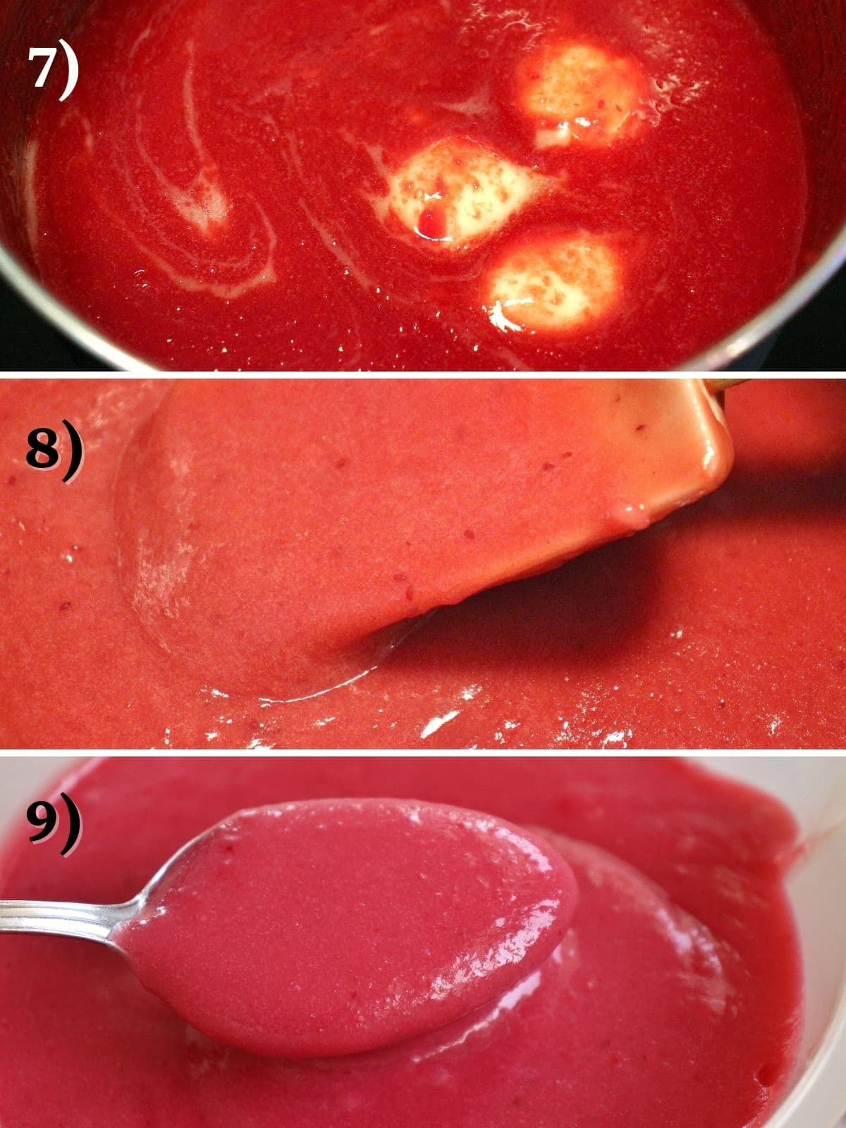 Step by step photos of cooking cranberry curd until it thickens.