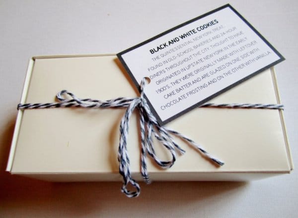 a rectangular white box with a label that says Black and White Cookies