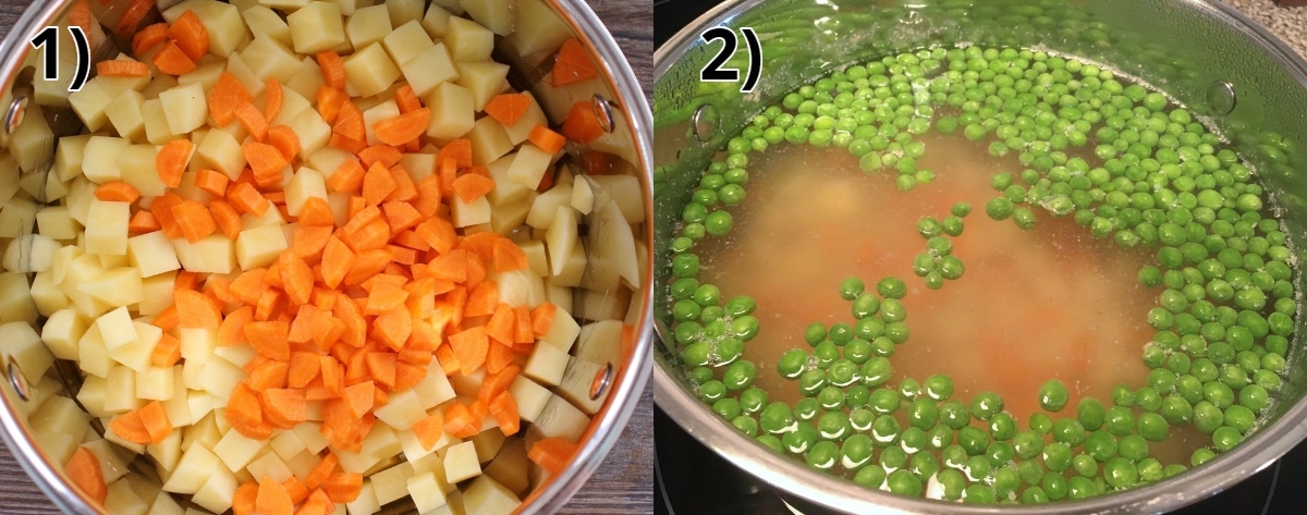 step by step photos of boiling potatoes and carrots and adding peas in a later step