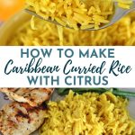 closeup of a forkful of Caribbean curried rice with citrus