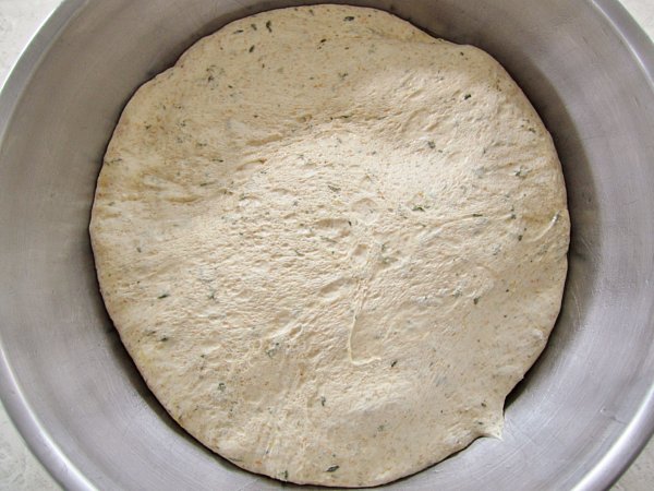 overhead view of bread dough in a metal mixing bowl