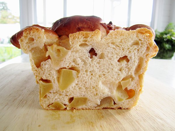 a cross section of an apple cinnamon loaf with cubes of apple inside