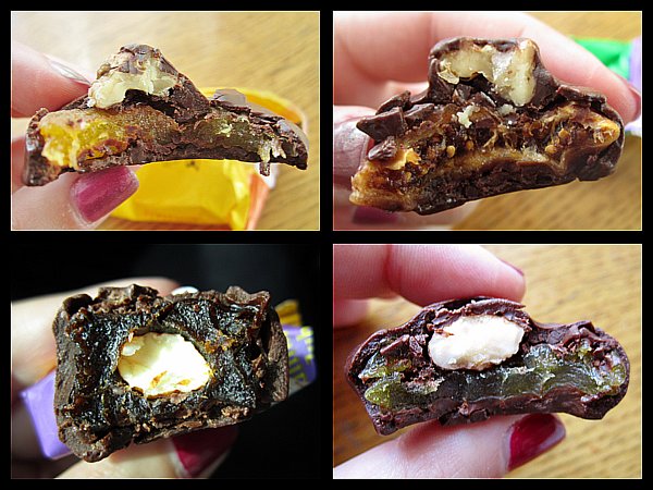 a collage of photos of half eaten chocolates with different fruit and nut fillings