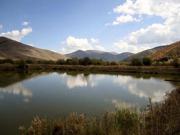 A serene pond with a mountain in the background