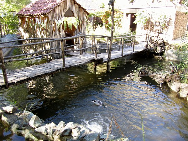 a small wooden bridge over a stream