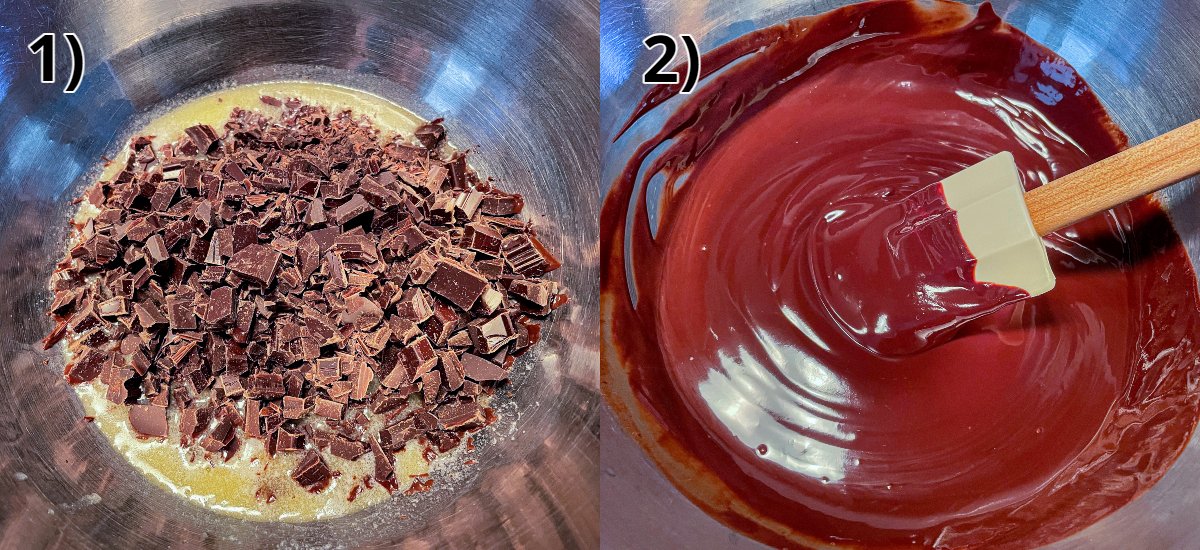Before and after photos of mixing chopped chocolate in melted butter until smooth.
