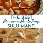 a bowl of manti (Armenian dumplings) in a tomato broth with a spoon lifting one out