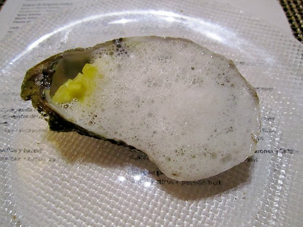 closeup of an oyster on the half shell topped with white foam