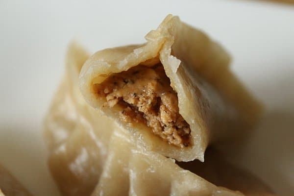 A closeup of a meat dumpling with a bite taken out of it