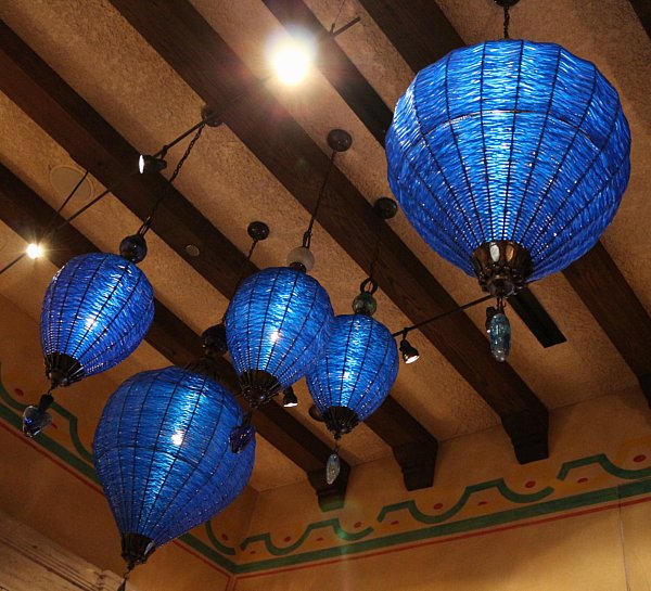 blue lights hanging from a ceiling