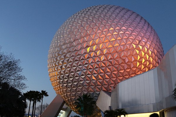 Spaceship Earth at Epcot at dusk