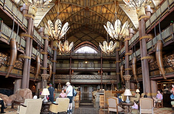 wide view of a grand hotel lobby with African themed decorations