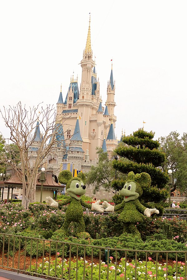 Mickey and Minnie Mouse topiaries in front of Cinderella Caste at Disney\'s Magic Kingdom