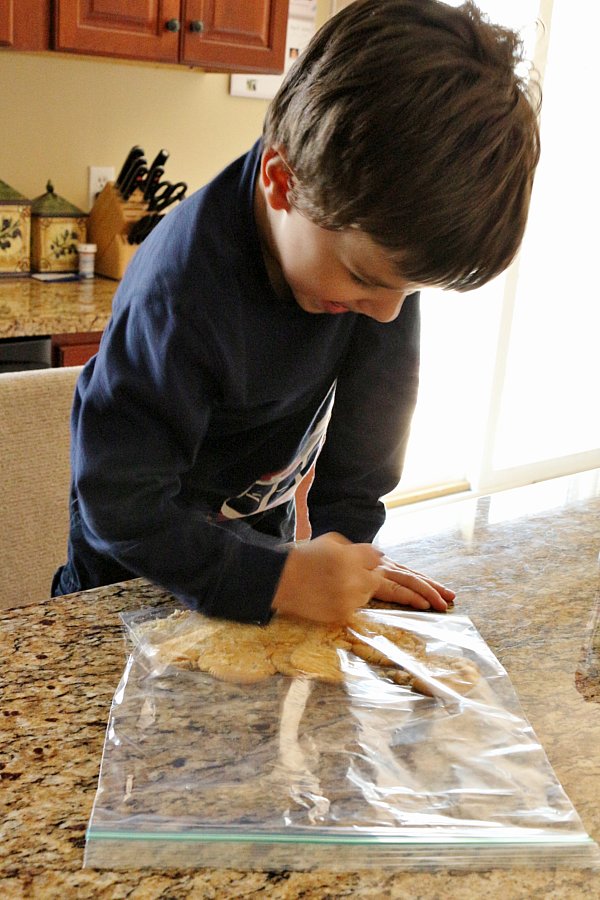 a boy crushing crackers in a plastic bag on the counter