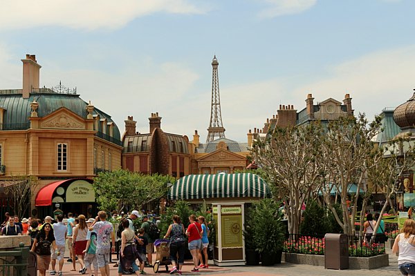 A wide view of the France Pavilion in Epcot with an Eiffel Tower replica