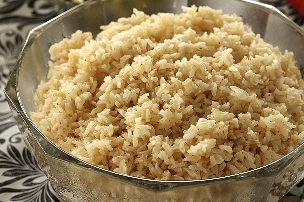 A glass bowl of brown rice