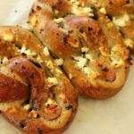 olive and garlic soft pretzels with feta cheese