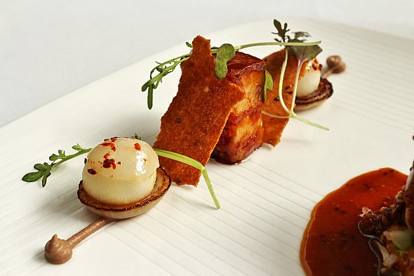 artfully plated bites of food on a white plate with herbs