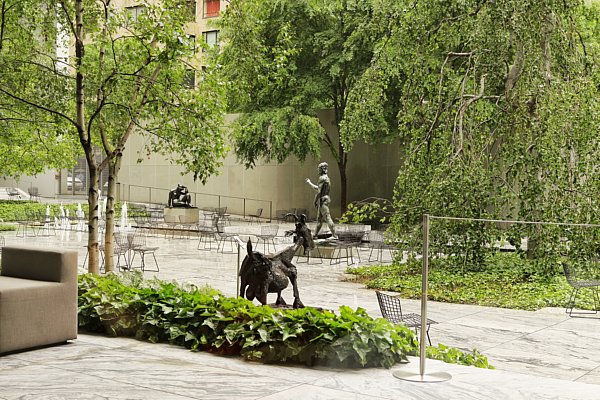 a sculpture garden with trees and statues