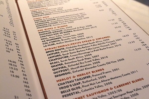 a closeup of a restaurant wine list