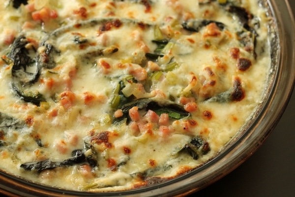 closeup of a gratin with pieces of diced ham and Swiss chard peeking through creamy sauce