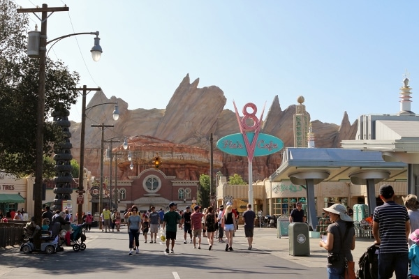 A group of people walking through Cars Land in Disney\'s California Adventure