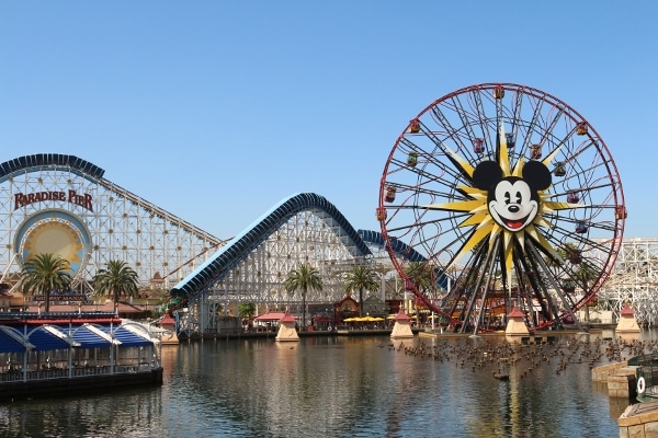 a Ferris wheel ride with Mickey Mouse on it and a roller coaster 