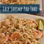 shrimp pad thai noodles topped with chopped peanuts on two square plates