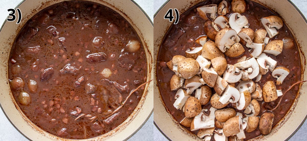 Adding mushrooms to a pot of dark brown stew.