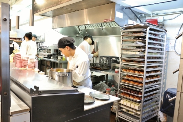 people preparing food in a professional kitchen