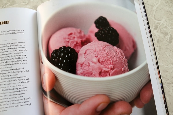 three scoops of pink ice cream and fresh blackberries in a white bowl