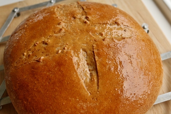 closeup of a round loaf of honey glazed bread cooling on a metal rack