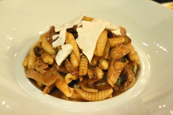 cavatelli pasta with mushrooms and rabbit meat in a shallow white bowl