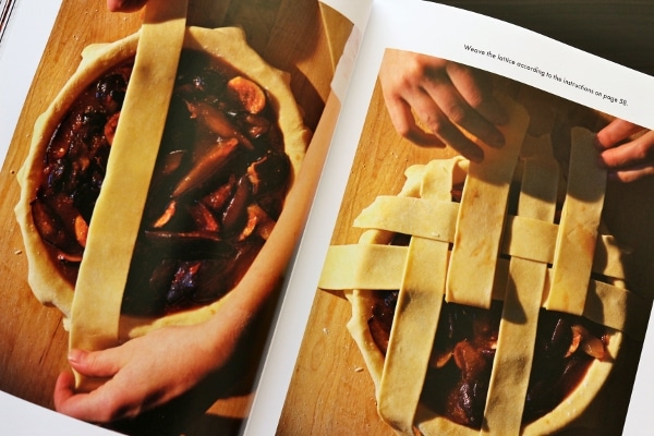 snapshot of photos in a book showing how to arrange a lattice crust on a pie