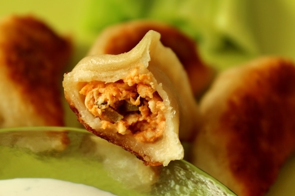 A closeup of a half-eaten buffalo chicken dumpling