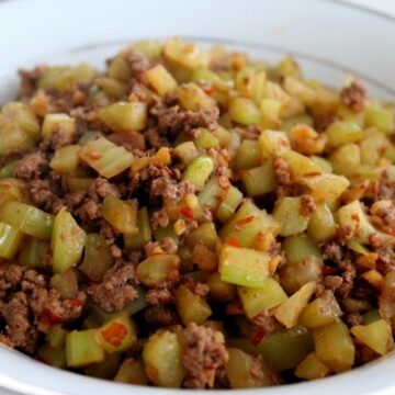 stir-fried ground beef with celery in a white china bowl