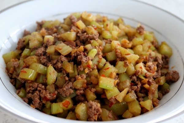 stir-fried ground beef with celery in a white china bowl