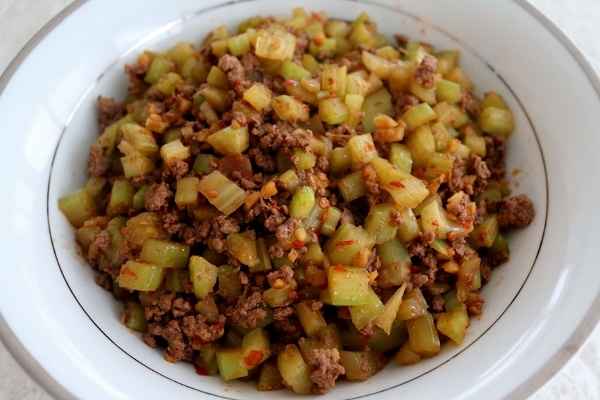 wide view of a white bowl filled with stir-fried celery and ground beef
