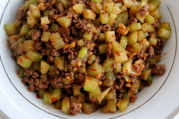 overhead view of a white bowl of stir-fried celery and ground beef