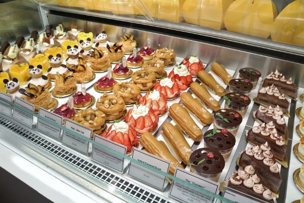 A display in a bakery with rows of colorful desserts for sale